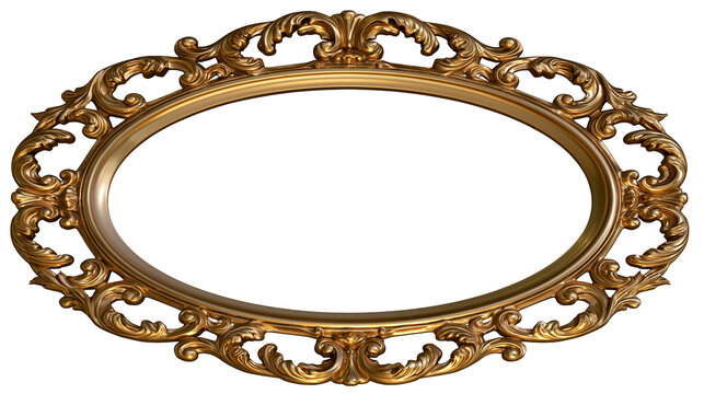 Ornate oval golden baroque picture frame with intricate scrollwork, isolated on transparent background