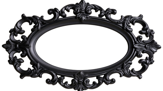 Ornate black oval baroque picture frame with intricate scrollwork, isolated on transparent background