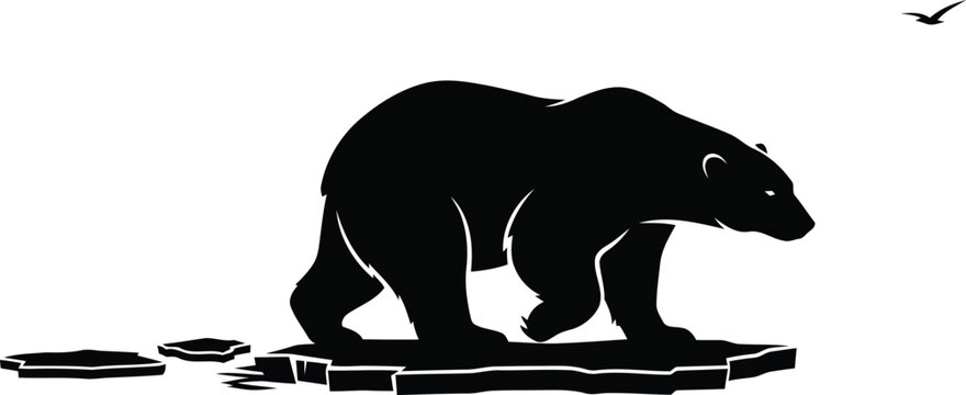 Black silhouette of polar bear standing on ice floes