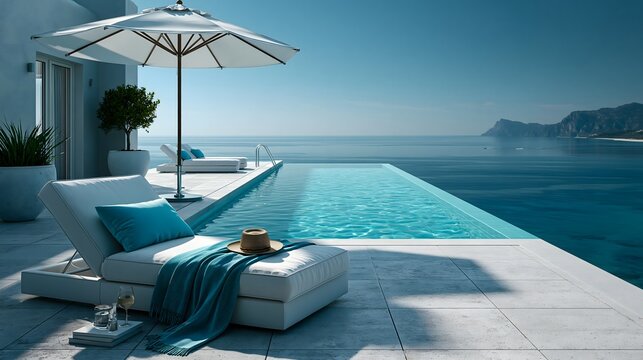 Eleganter Infinity Pool mit Blick auf das Meer in mediterraner Umgebung