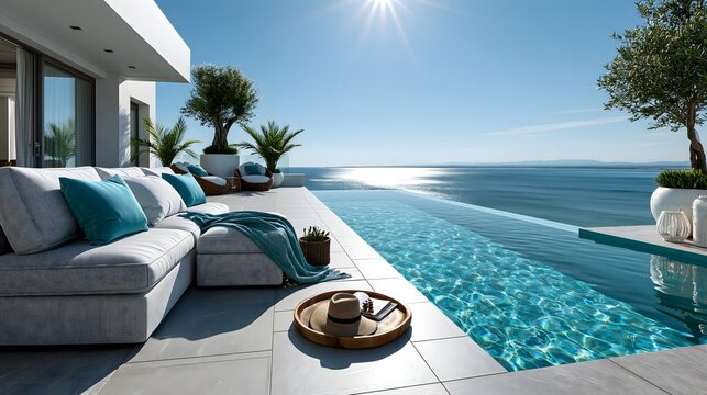 Luxuri&ouml;ser Infinity Pool mit Meerblick und modernem Outdoor Lounge Bereich