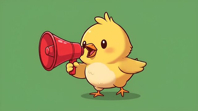 Cute cartoon yellow chick holding a red megaphone on a solid green background