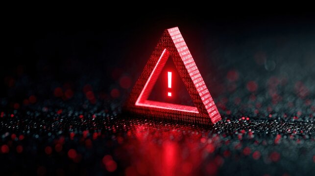 Red digital warning triangle with exclamation mark on a dark background with binary code