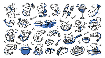 Obraz premium Collection of cute cartoon shrimp characters in various poses and culinary preparations, isolated on a white background