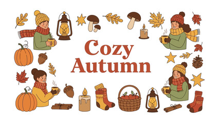 Fototapeta premium Cozy Autumn Seasonal Illustration: A charming collection of hand-drawn autumn elements including warm drinks, pumpkins, fallen leaves.