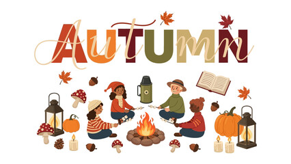 Fototapeta premium Autumn Fun: A delightful scene depicting children enjoying a cozy bonfire in the crisp autumn air, surrounded by seasonal elements like pumpkins, leaves, and lanterns.