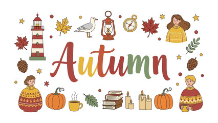 Obraz premium Autumnal Collage: A charming collection of illustrations celebrating the season of autumn, featuring a lighthouse, maple leaves, pumpkins, books, and cozy figures.