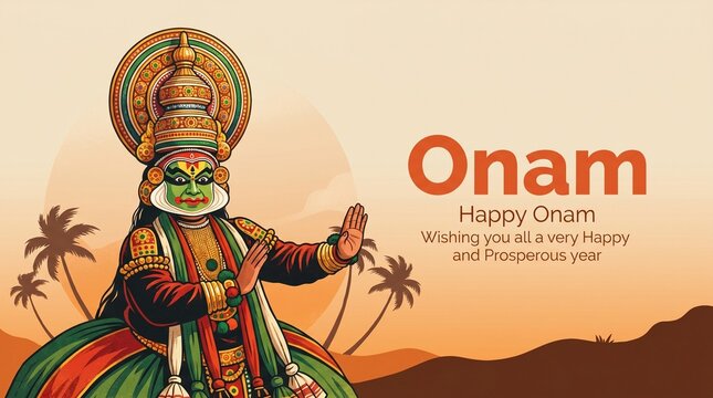 illustration of colorful Kathakali dancer on background for Happy Onam festival of South India Kerala