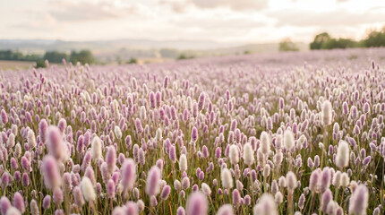 Obraz premium Blooming lavender field in soft sunlight with misty horizon and natural composition