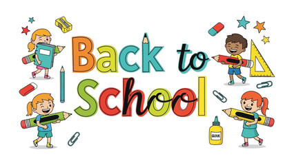 Fototapeta premium Back to School Celebration: Adorable cartoon children joyfully embrace their return to school, surrounded by colorful school supplies and vibrant Back to School lettering.