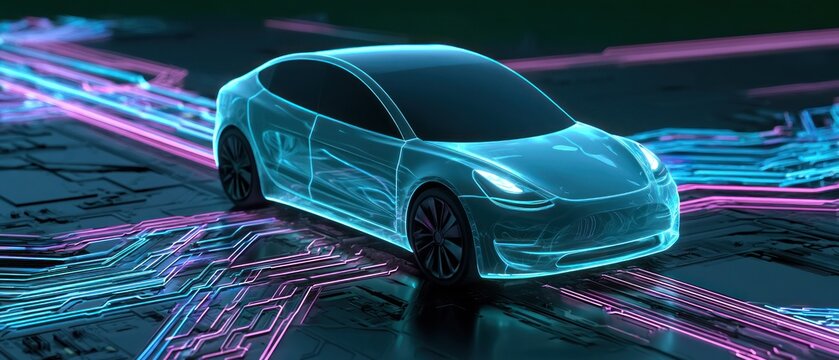 Futuristic electric car in digital circuit