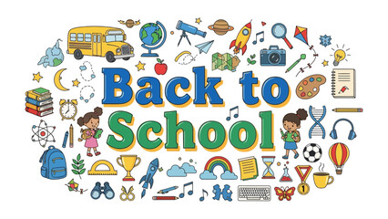 Naklejka premium Back to School Collage: A vibrant and whimsical collage bursting with educational symbols, school supplies, and playful illustrations, all celebrating the excitement of returning to school.
