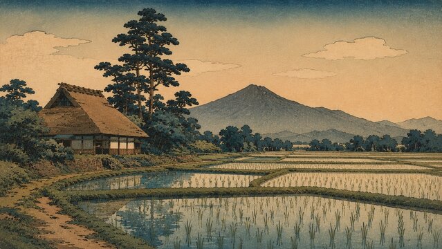 広がる水田と茅葺屋根の家、遠景に富士山を望む伝統的な浮世絵田園風景イラスト