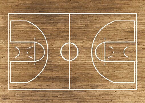 Overhead view of a basketball court, showing its key lines and sections