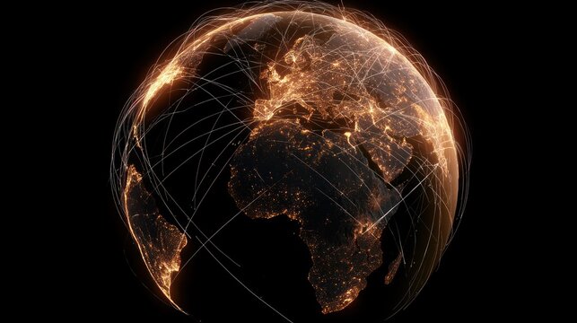 Global network connections with glowing earth at night