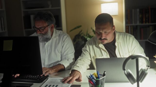Two men typing at computer and reading folders under desk lamp in office; concentration teamwork productivity.