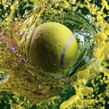 Tennis ball splashing in yellow liquid