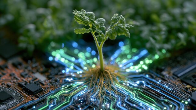 Plant growing from circuit board with glowing roots