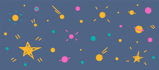 Colorful crayon kids space background with stars and dots, playful cosmic background for children designs. Charcoal outer space concept with planets, stars, comets in minimalistic doodle style. © Liusia Voloshka