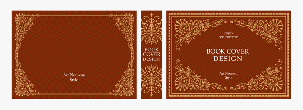 Luxurious vintage horizontal book cover design with ornate Art Deco, Baroque and Victorian frames, elegant spine, and classic retro style for publications, posters, and layouts