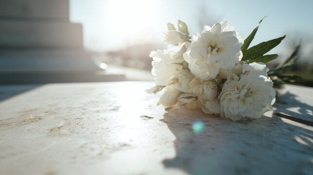 White flowers on a stone grave slab, representing remembrance, grief, and memorialization under bright sunlight
