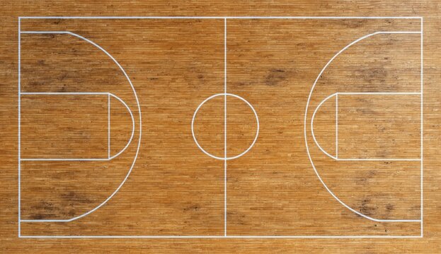 Overhead view of a detailed basketball court with hardwood flooring and marked lines