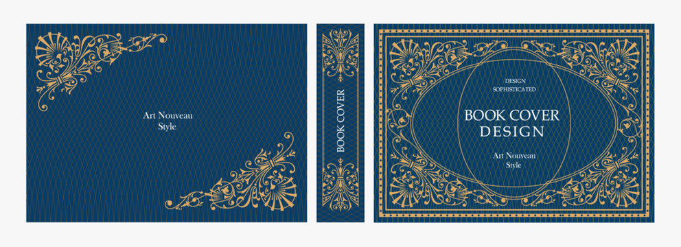 Elegant horizontal vintage book cover design with ornate Art Nouveau corner ornaments, blue and gold decorative frame, and luxurious retro style for publications, albums, posters, and premium layouts