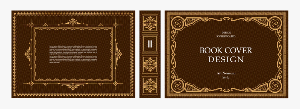Elegant horizontal vintage book cover design with ornate Art Nouveau frame, decorative floral ornaments, and luxurious retro style for publications, albums, posters, and premium layouts