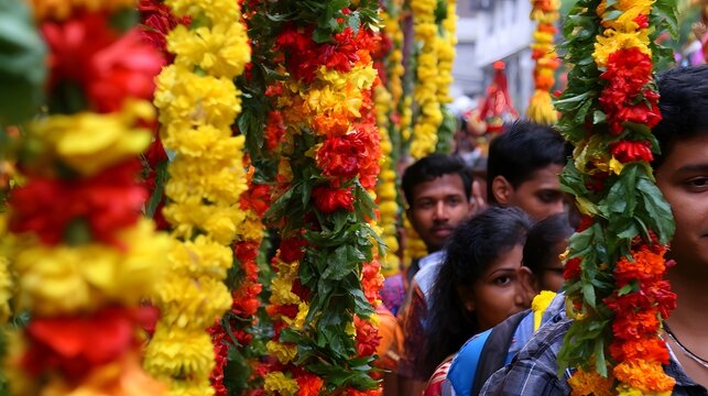 Vibrant flower garlands with cultural motifs are joyously tossed showcasing colorful and festive deco ns
