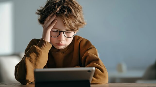 Child student studying with digital tablet, covering face, feeling tired or frustrated with remote learning