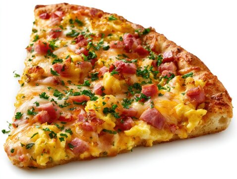Slice of breakfast pizza with scrambled eggs and ham