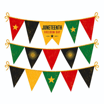 Festive Juneteenth pennant banner cluster with red, black, green and gold flags, small stars and clean vector-inspired party styling
