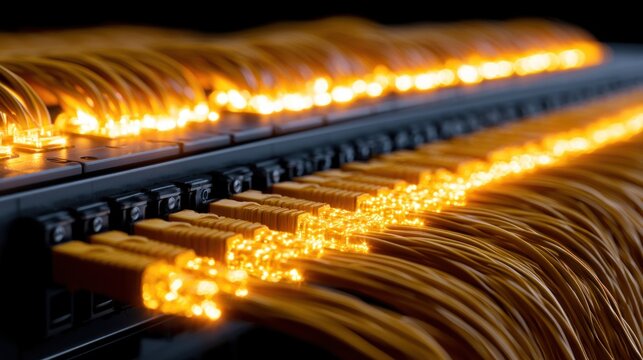 Fiber optic cables glowing in a server room