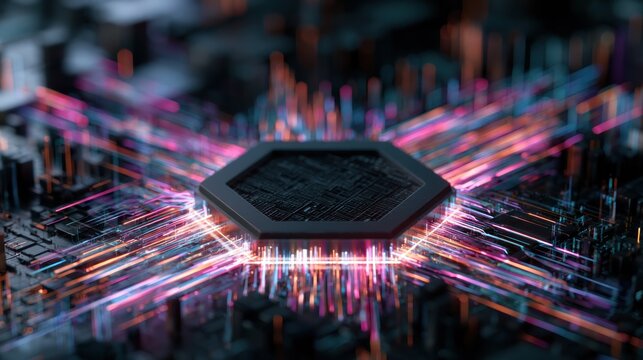 Central processor with glowing data streams