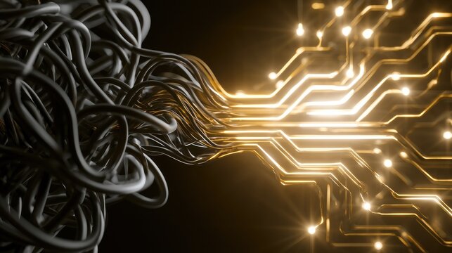 Abstract digital circuit with tangled wires and glowing lines