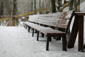 Fototapeta premium park bench on a winter alley at snowfall. bench with snow after snowstorm or in snow calamity in europe