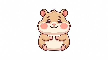Fototapeta premium Kawaii chubby hamster sitting, light brown fur with cream belly. Big shiny eyes, pink cheeks and nose, tiny paws. Cute cartoon vector on white background, adorable.