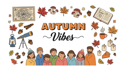 Obraz premium Autumn Vibes Frame: A charming, hand-drawn illustration evoking the cozy essence of autumn, featuring diverse people wrapped in blankets, seasonal elements like leaves and mushrooms.