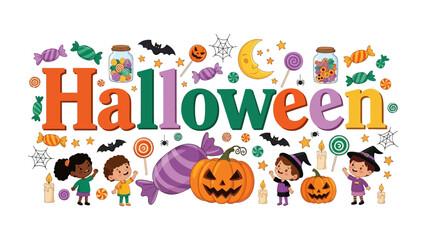 Naklejka premium Happy Halloween Celebration: A vibrant illustration depicts a joyful Halloween scene with the word Halloween centerpiece, surrounded by playful elements like candy, pumpkins, bats.