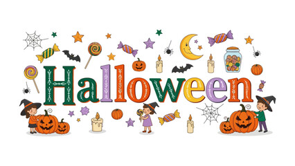 Fototapeta premium Halloween Festive Word Art: A whimsical arrangement of colorful letters spells out Halloween, adorned with playful icons of witches, pumpkins, bats, candy, and spooky stars.