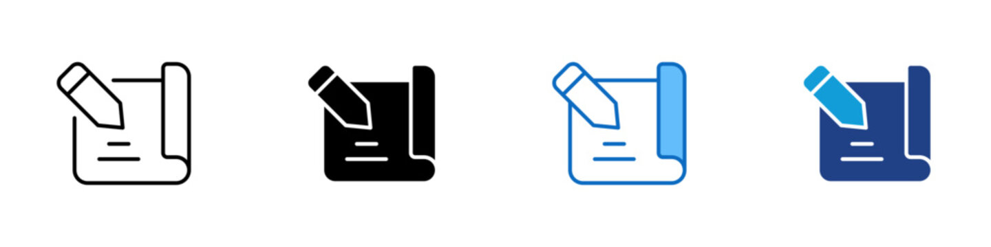 Document Drafting Multiple Style Icon Design Vector - Paper scroll with pencil representing document drafting, written notes, and content preparation