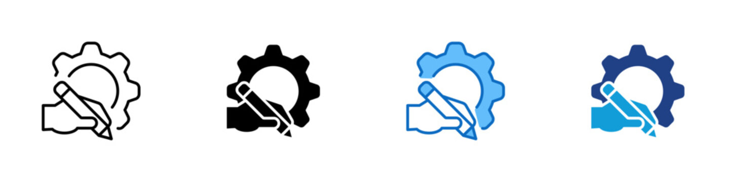 Writing Process Multiple Style Icon Design Vector - Gear with hand and pencil representing writing process, workflow documentation, and creative production