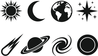 Solid black celestial icons set including sun moon earth star comet planet galaxy and solar system orbits on transparent. © MRSTOCK LAB