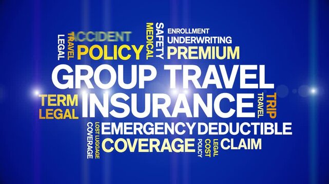 Group Travel insurance animated word cloud-text design animation tag kinetic typography seamless loop.