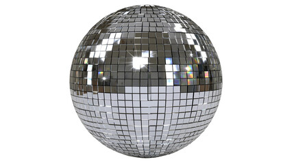 Fototapeta premium Shiny disco ball covered in mirrored squares, isolated on transparent background