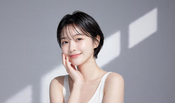 Young woman hand under chin, side profile smile, gray background, window shadows, Suitable for beauty, summer skincare, UV protection, skincare, and seasonal promotions.