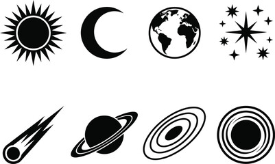 Cosmic silhouette vector set with sun crescent moon globe shining stars Saturn planet spiral galaxy and solar system ring. © MRSTOCK LAB