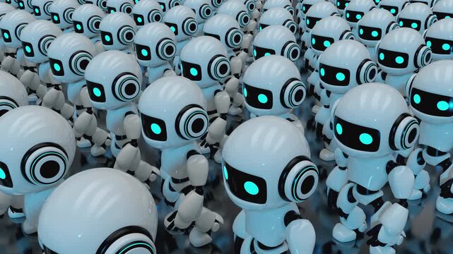 3d loop animation of a cute futuristic robot army walking together in rows. Concept of mass automation, identical artificial intelligence characters, and advanced technology workforce in a sci-fi worl