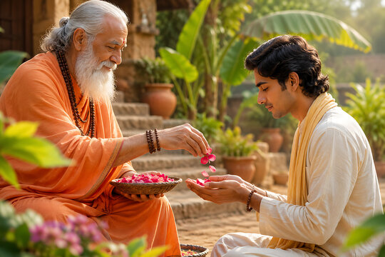 Guru purnima flower blessing with kind guru giving rose petals to disciple in garden for hindu relegious festival devotion prayer and gratitude