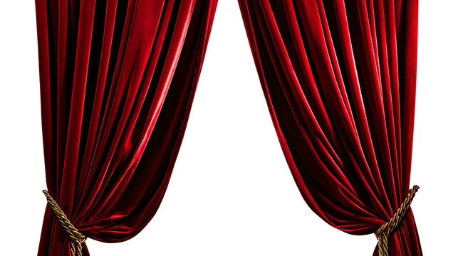 Rich red velvet curtains tied with thick rope, isolated on transparent background